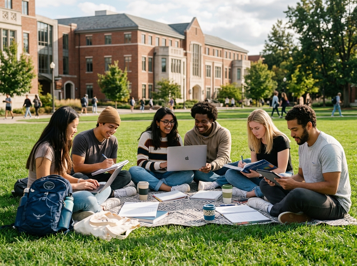 Students studying together on campus lawn